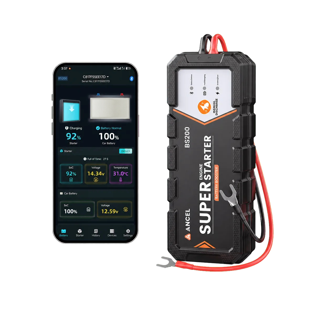 ANCEL BS200 Super Starter beside the ANCEL battery monitoring app
