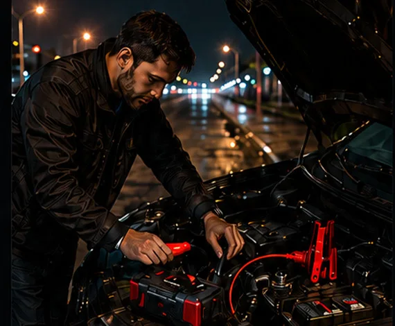Driver connecting a traditional jump starter after a battery failure