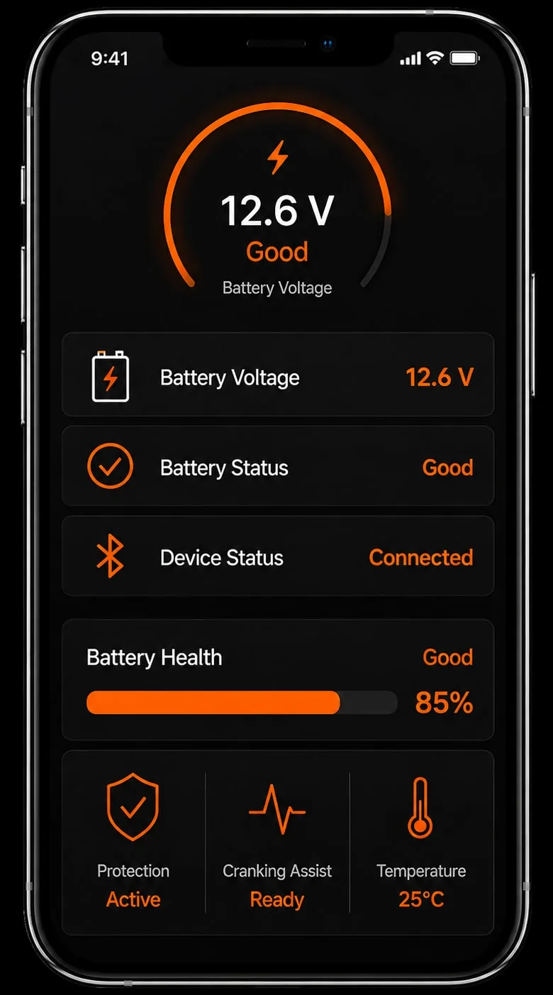 ANCEL app displaying battery voltage, battery health, and BS200 connection status