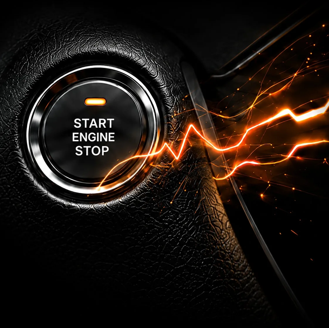 Vehicle start button with an orange energy pulse during engine cranking