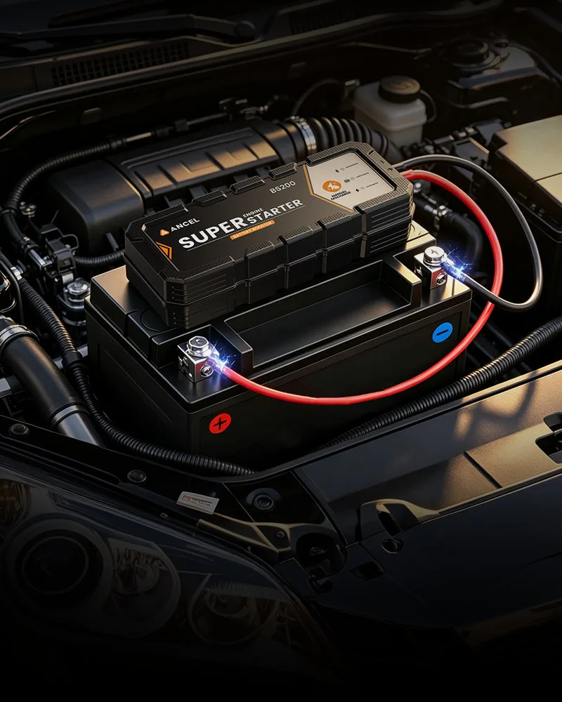 BS200 Super Starter installed on a vehicle battery in the engine bay