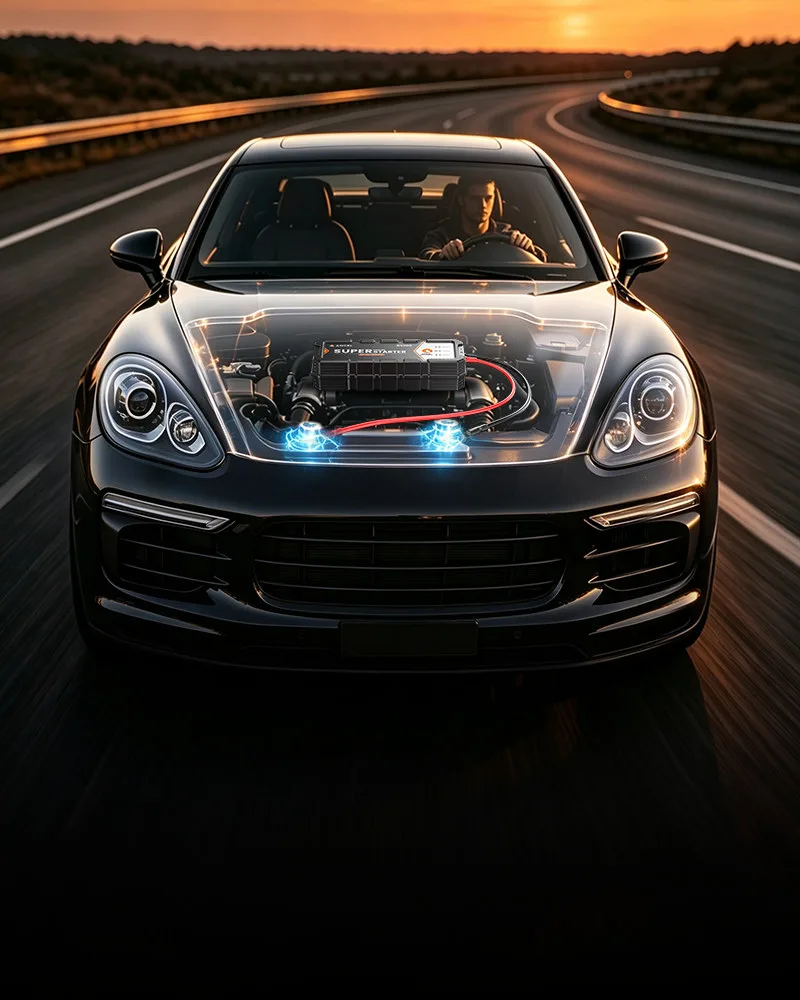 Car driving at sunset with a cutaway view of BS200 under the hood