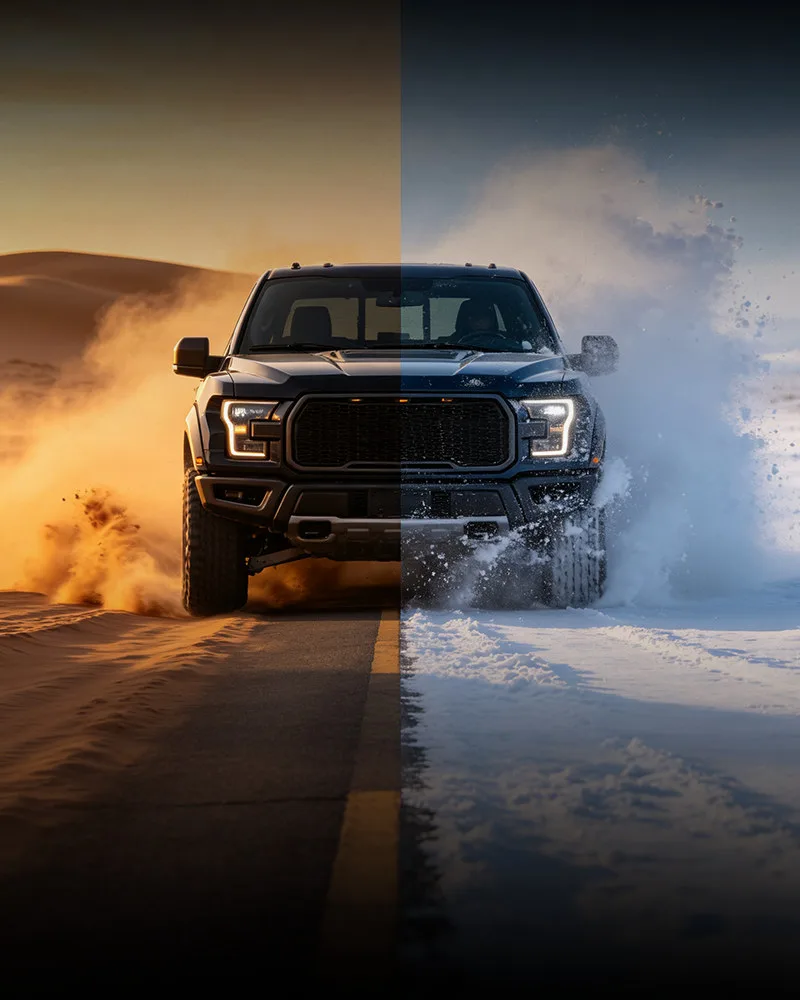 Pickup truck driving through desert heat on one side and snow on the other