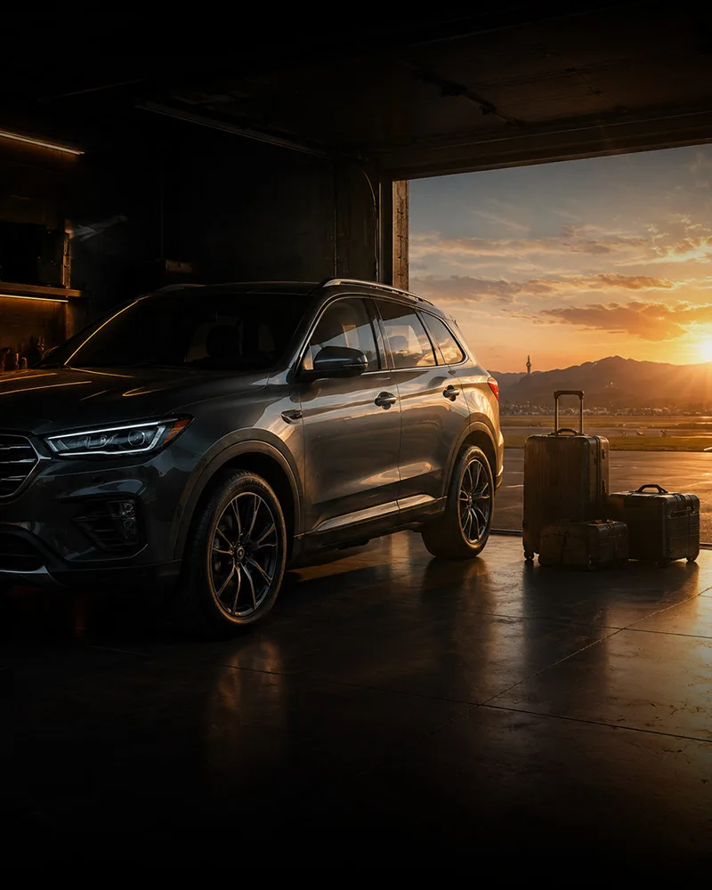 SUV parked in a garage at sunset with luggage beside it