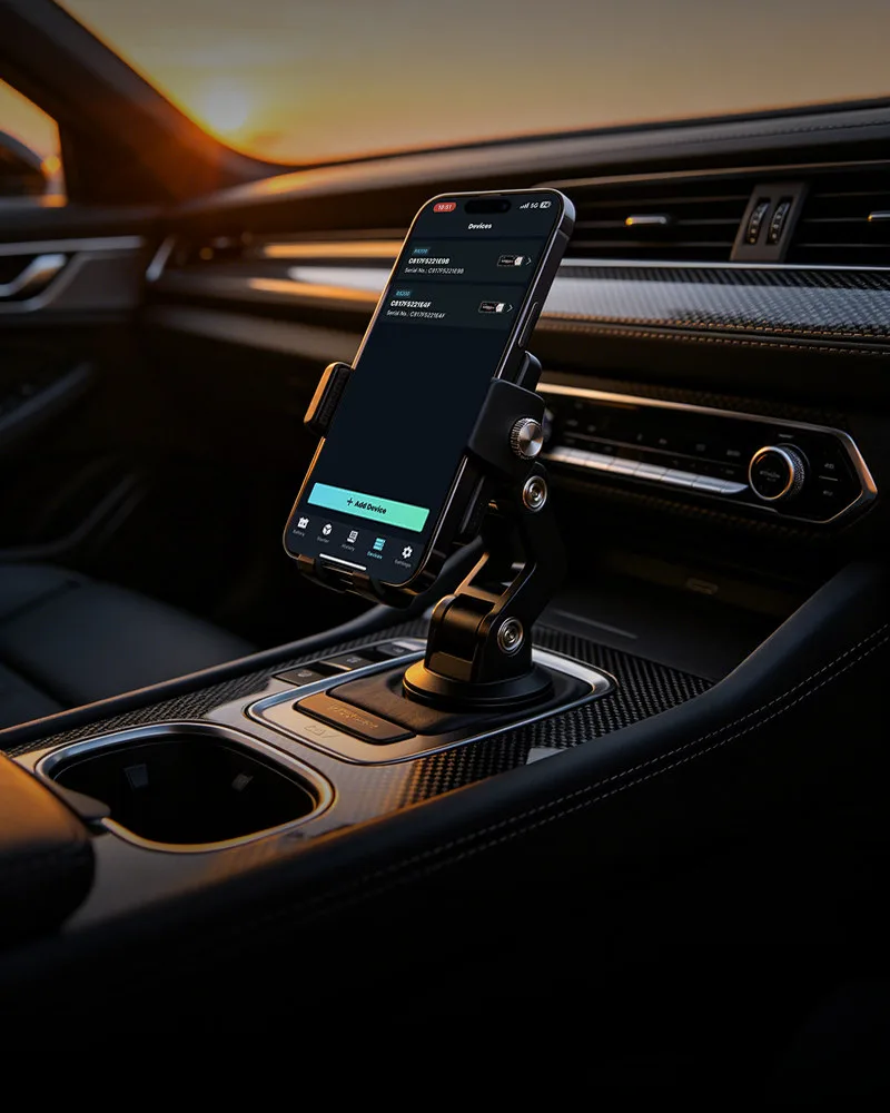 ANCEL app on a phone mounted to the dashboard during a drive